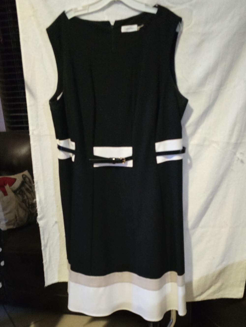 Classic Lined Black Sleeveless Sheath Dress with White & Taupe Trim And Belt.